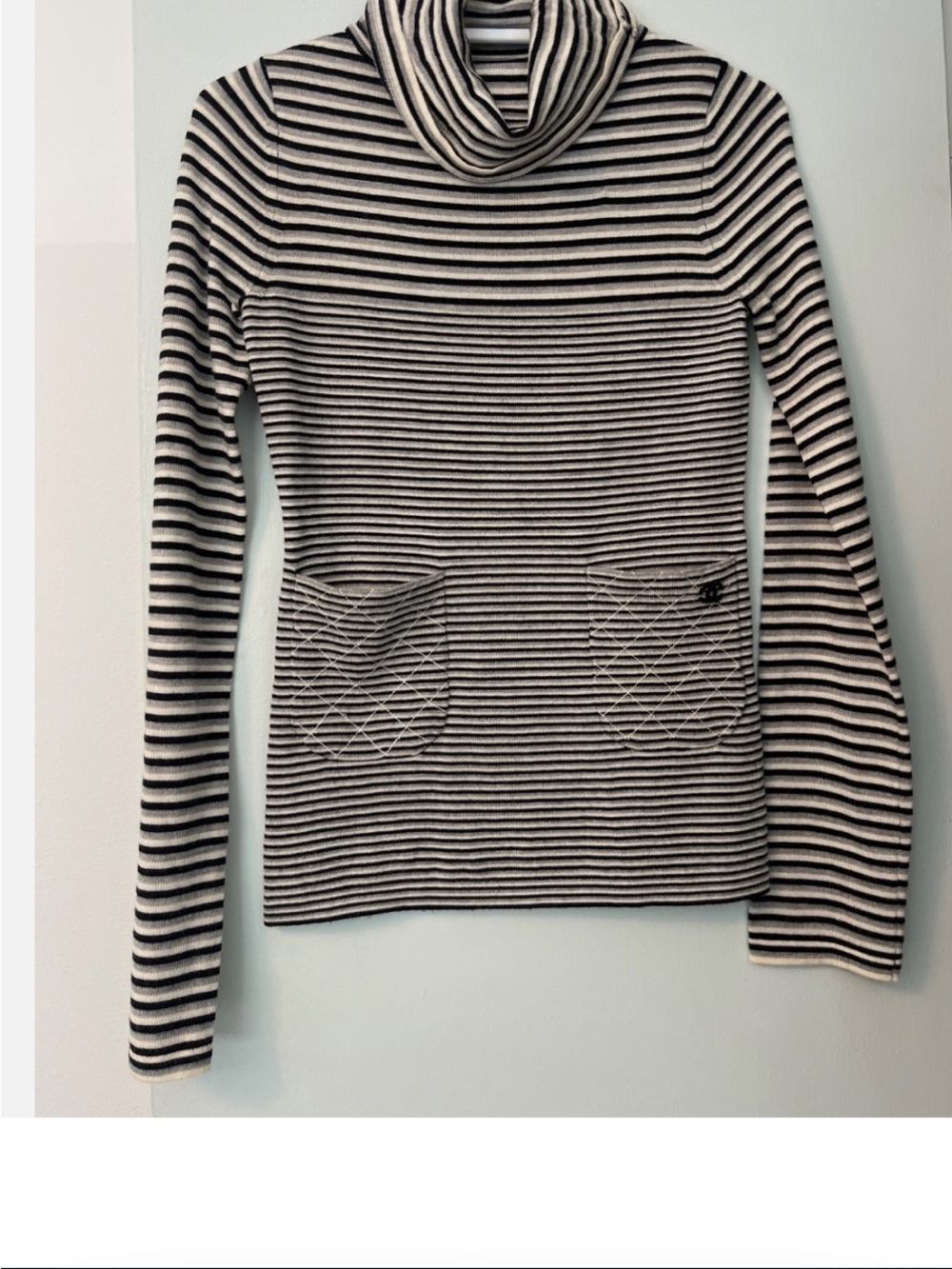 CHANEL Black & Cream Striped Cowl Neck Sweater